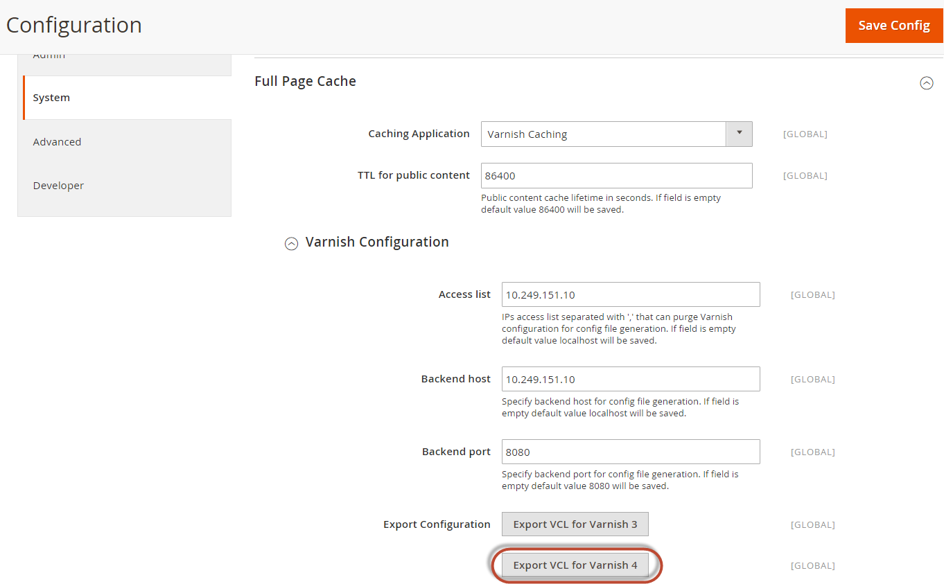 Configure Magento to use Varnish in the Admin