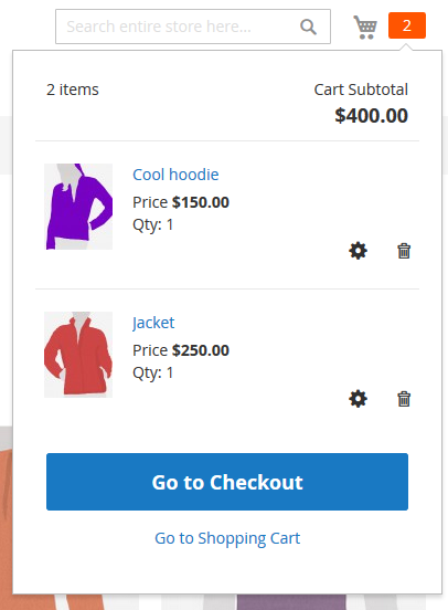 In the minishopping cart products are listed above the Go to Checkout button 