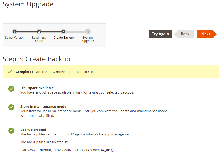 A page displays to confirm your backup was successful